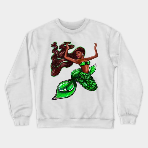 Black mermaid with rainbow fins, red locs Afro hair and brown skin. African American Mermaids Crewneck Sweatshirt by Artonmytee